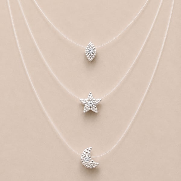 Invisible Floating Line Necklace with CZ Star Moon and Marquise Charms