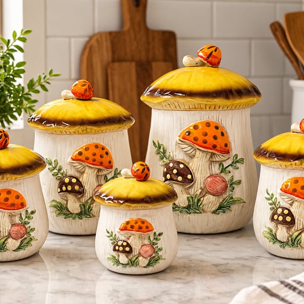 Vintage Mushroom Ceramic Canister Set of 4 with Lids (Sm, Md, Lg, Xtra Lg)
