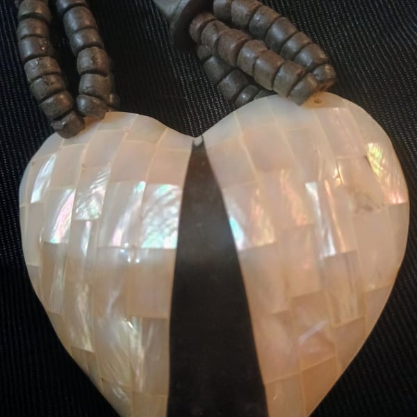 Vintage Mosaic Mother of Pearl Heart Pendant Wood Bead Statement Necklace