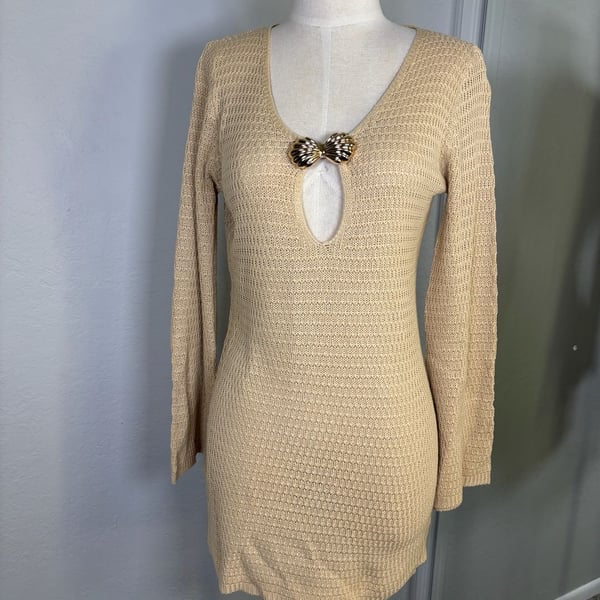 Nerina Gold Lurex Mini Dress Beige Knit Long Sleeve