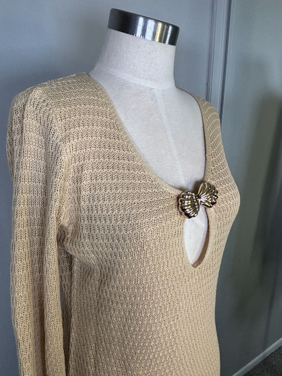 Nerina Gold Lurex Mini Dress Beige Knit Long Sleeve 7