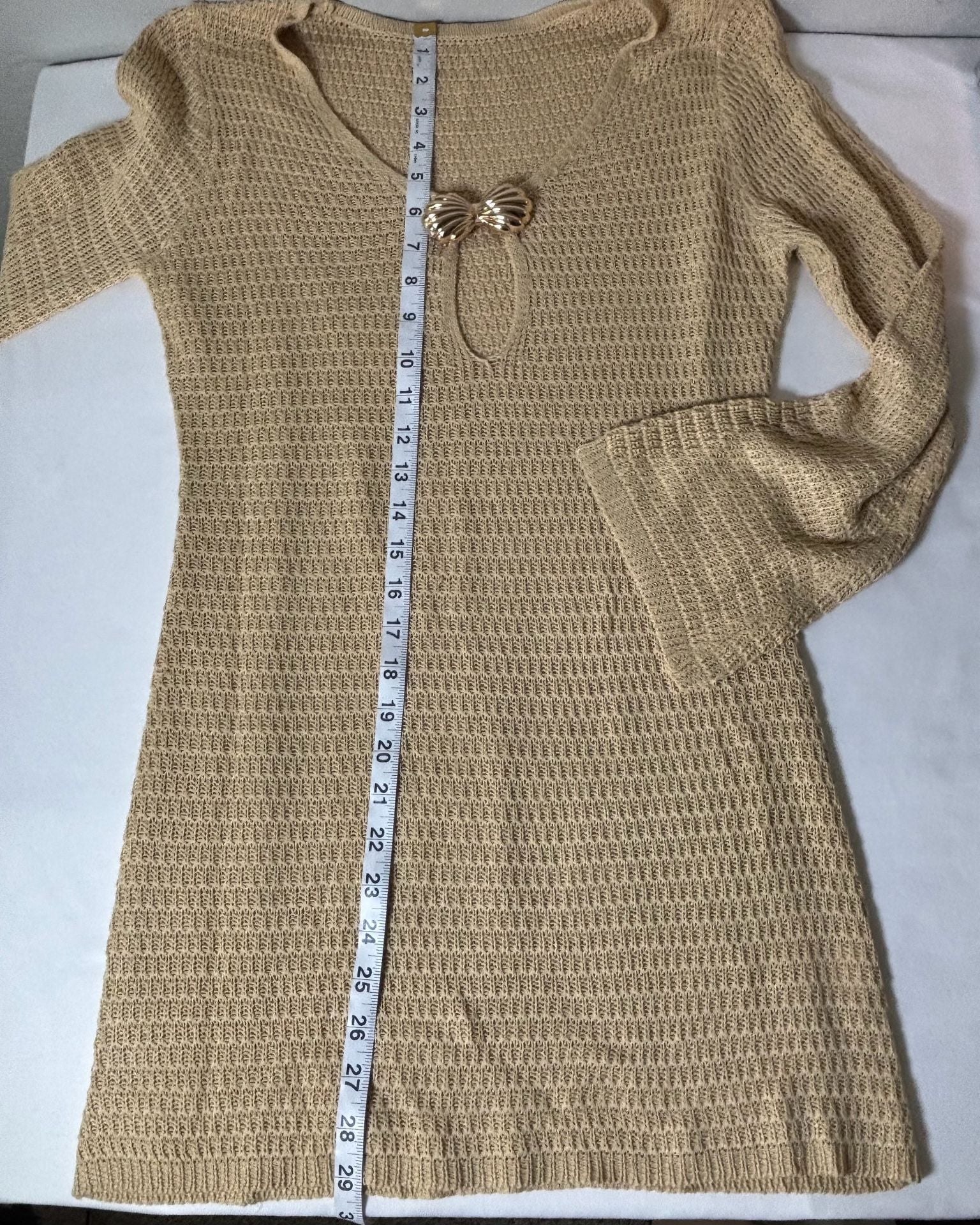 Nerina Gold Lurex Mini Dress Beige Knit Long Sleeve 9