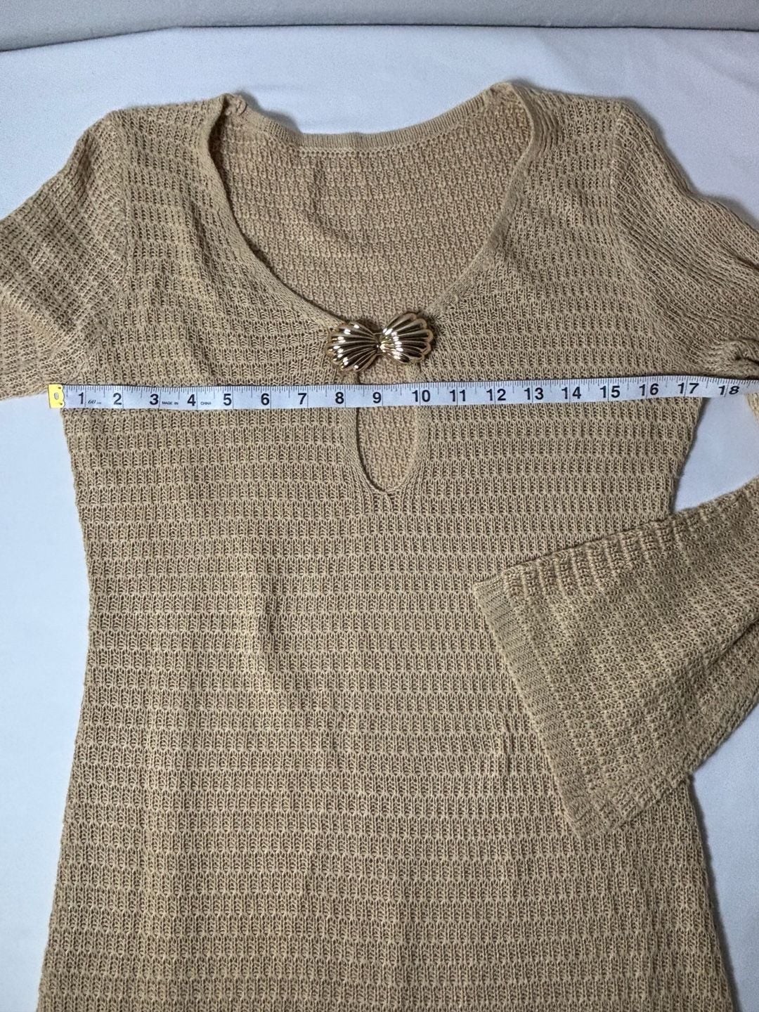Nerina Gold Lurex Mini Dress Beige Knit Long Sleeve 10