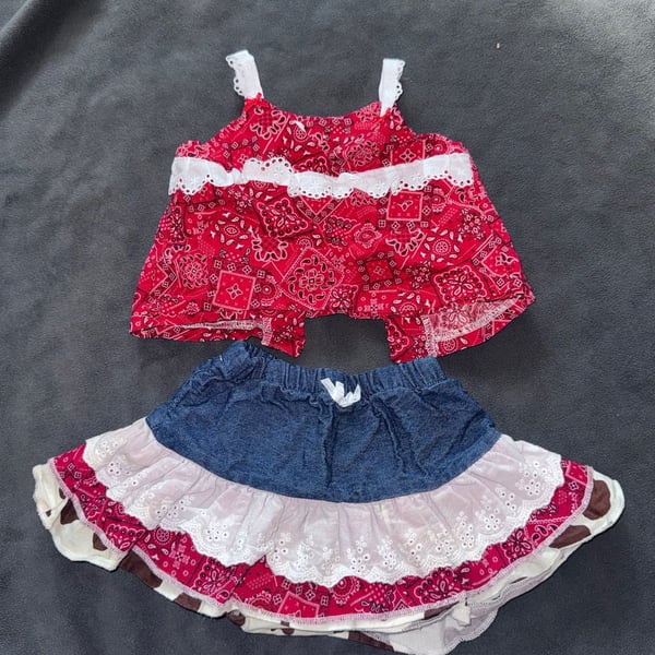 Haute Baby Western Bandana Skirt Set Size 18M Red Denim Cowgirl