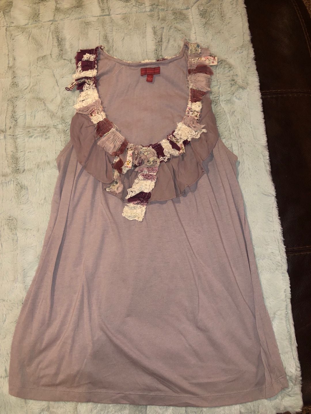 One September Tank Top Size S Mauve Patchwork Lace Ruffle Trim 2
