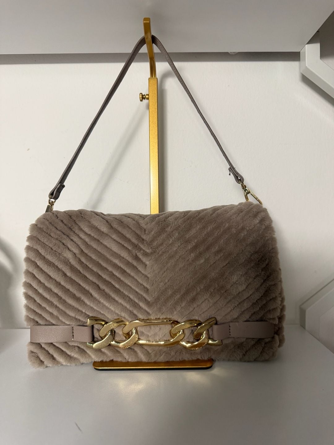 INC International Concepts Faux Fur Shoulder Bag Taupe Chain Details 2