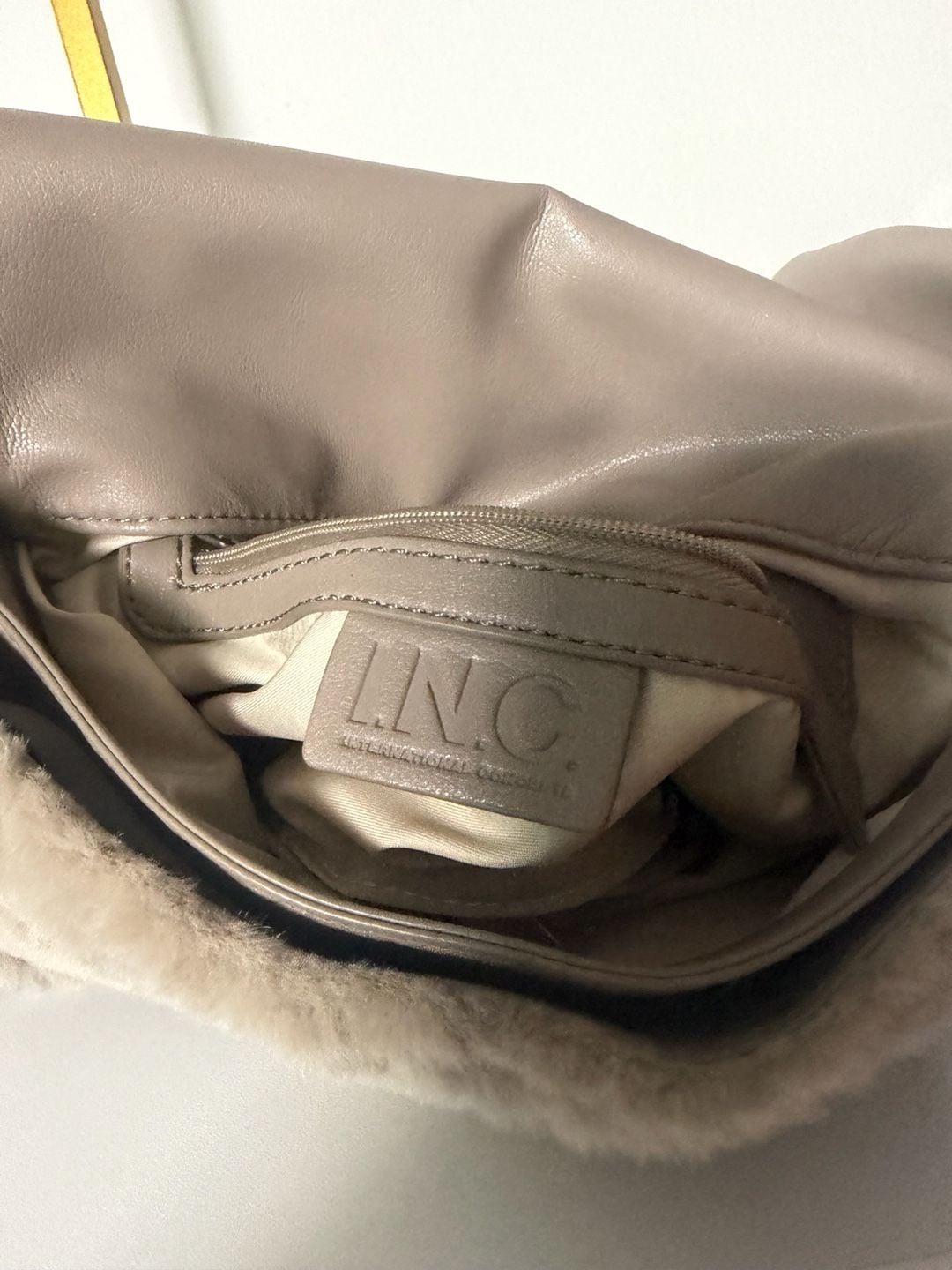 INC International Concepts Faux Fur Shoulder Bag Taupe Chain Details 5