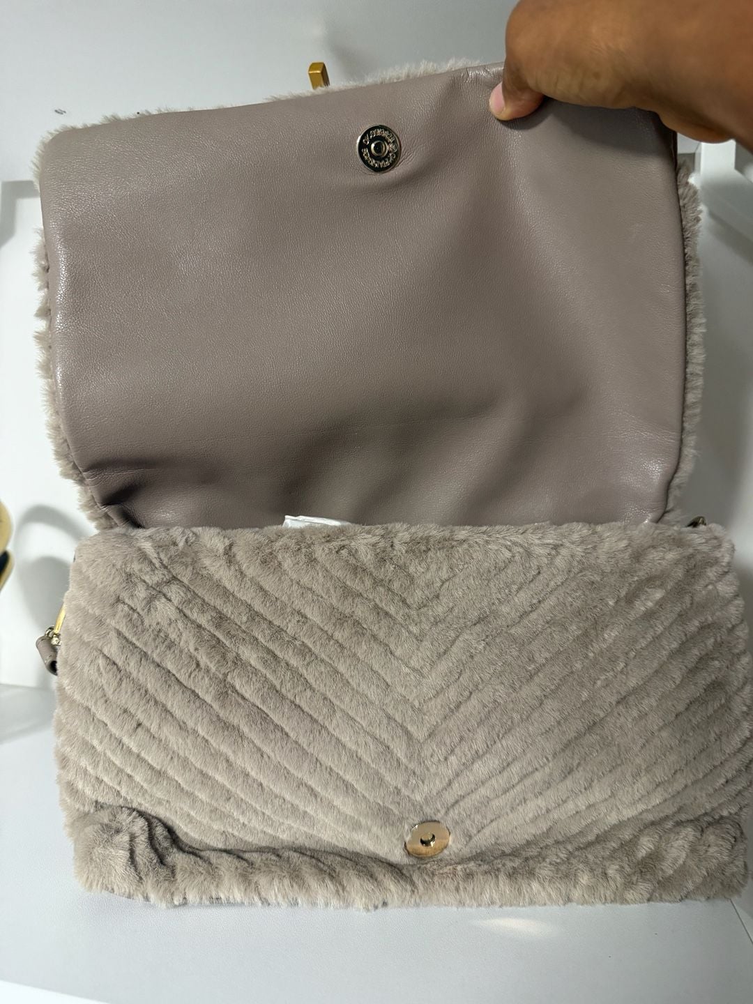 INC International Concepts Faux Fur Shoulder Bag Taupe Chain Details 7
