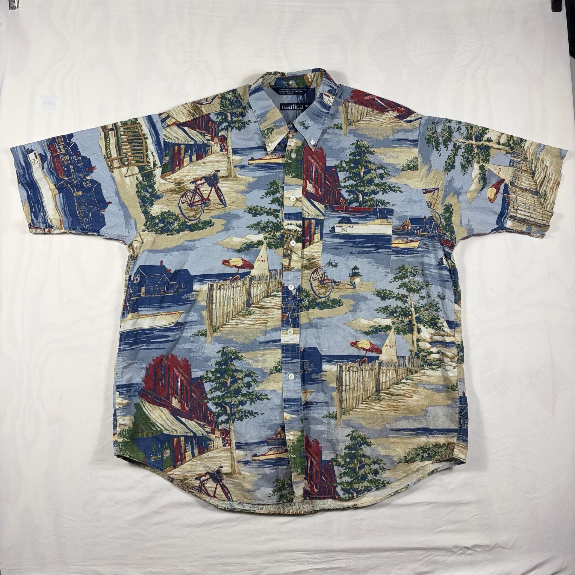 Vintage Nautica Beach Print Short Sleeve Button Down Shirt Size XL 1