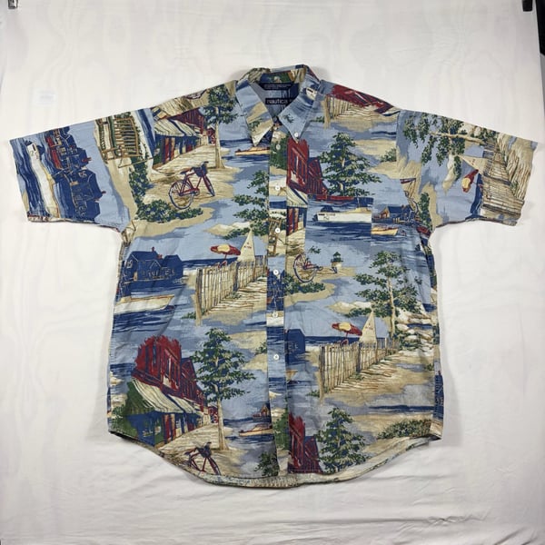 Vintage Nautica Beach Print Short Sleeve Button Down Shirt Size XL