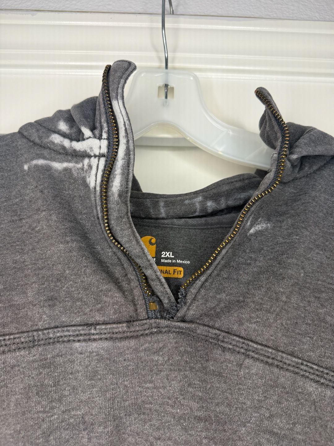 Vintage Carhartt Quarter Zip Hoodie Size 2XL Grey Distressed Paint Splatter 5