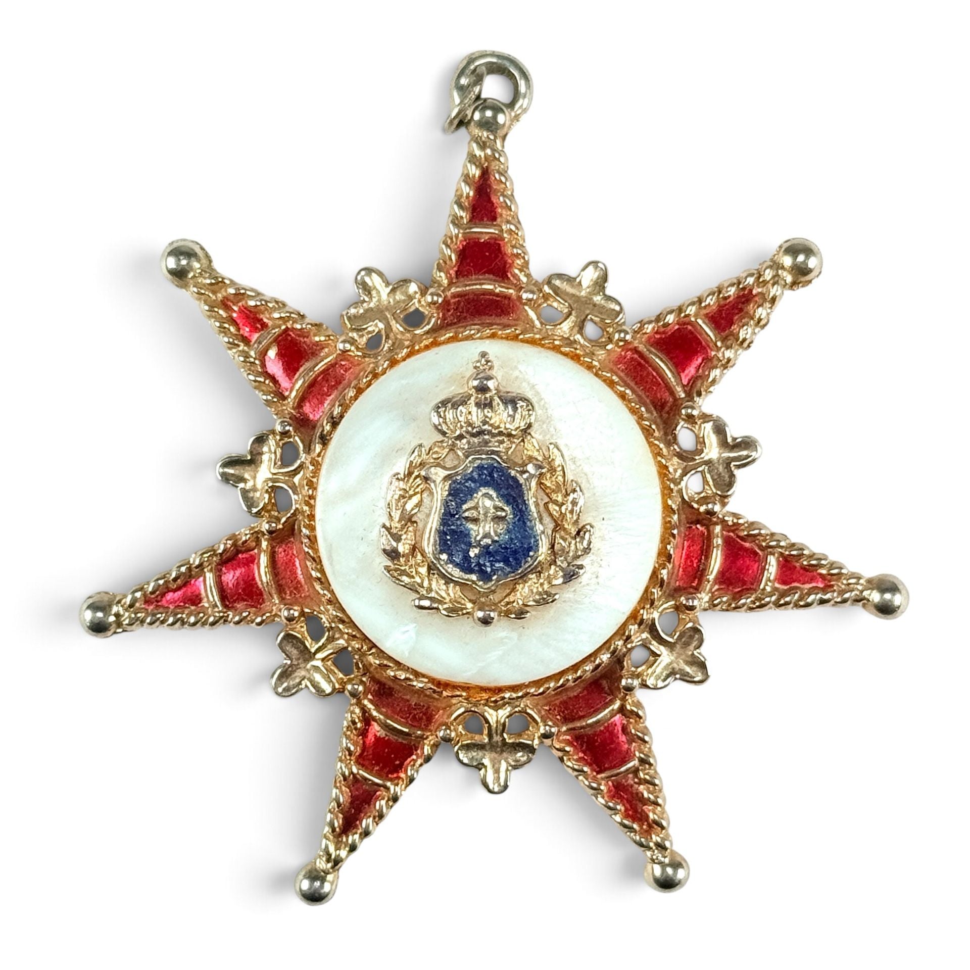 Vintage Heraldic Star Pendant – Red Enamel Mother of Pearl Crown Coat of Arms 2
