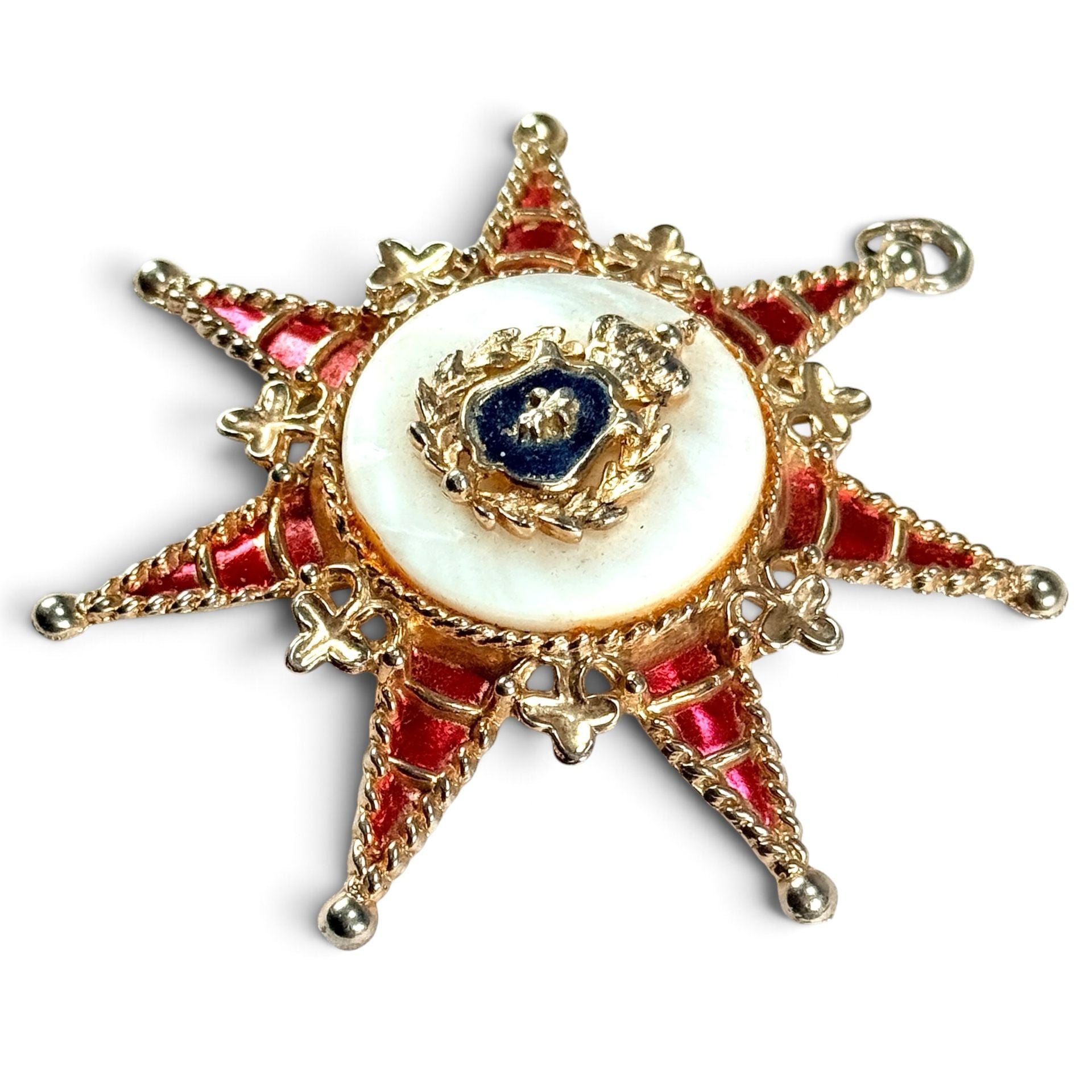 Vintage Heraldic Star Pendant – Red Enamel Mother of Pearl Crown Coat of Arms 3