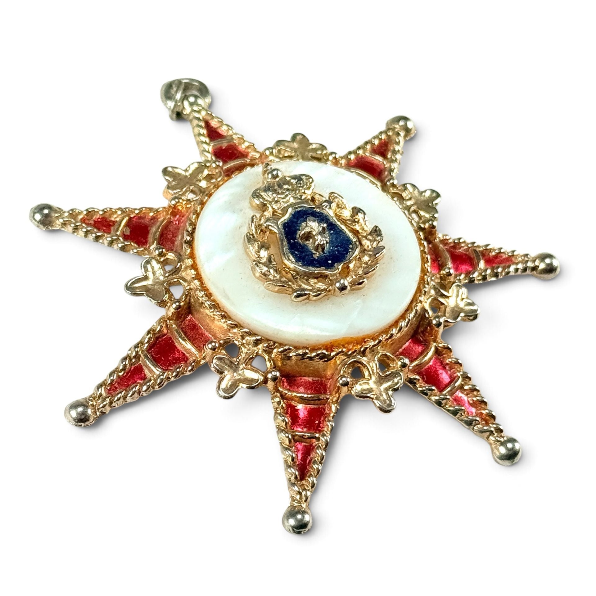 Vintage Heraldic Star Pendant – Red Enamel Mother of Pearl Crown Coat of Arms 4