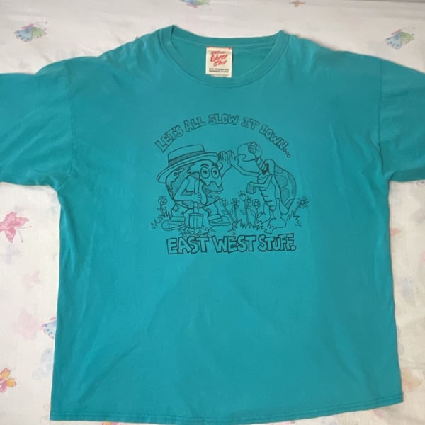 East West Shop Graphic T-Shirt Teal Let's All Slow It Down Earth Friendly