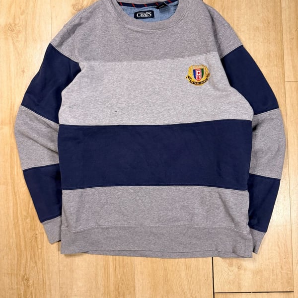 Chaps Sweatshirt Grey Navy Blue Striped Colorblock Crest
