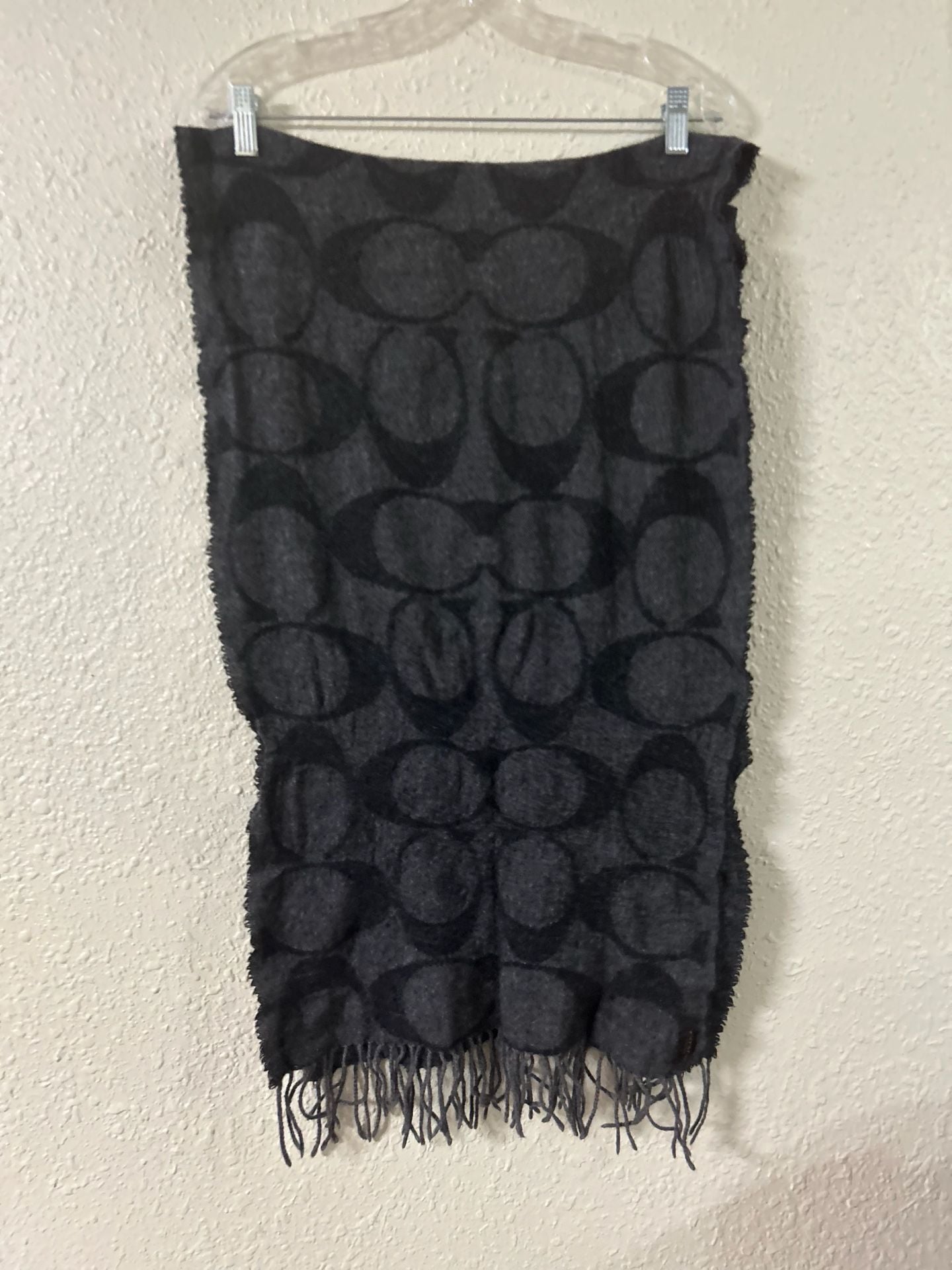 Coach Signature Logo Muffler Scarf Black Gray Wool Fringe 1