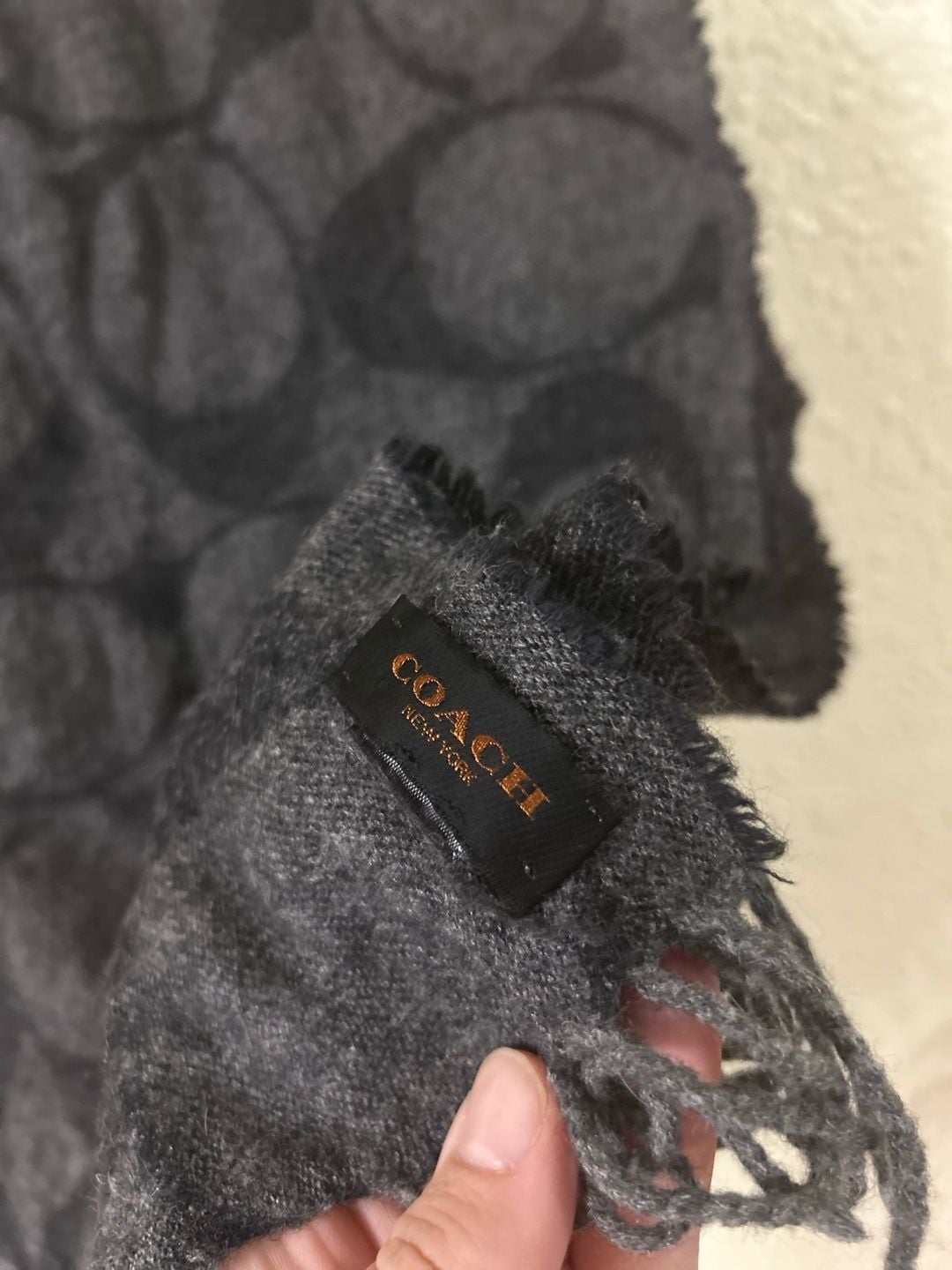 Coach Signature Logo Muffler Scarf Black Gray Wool Fringe 3