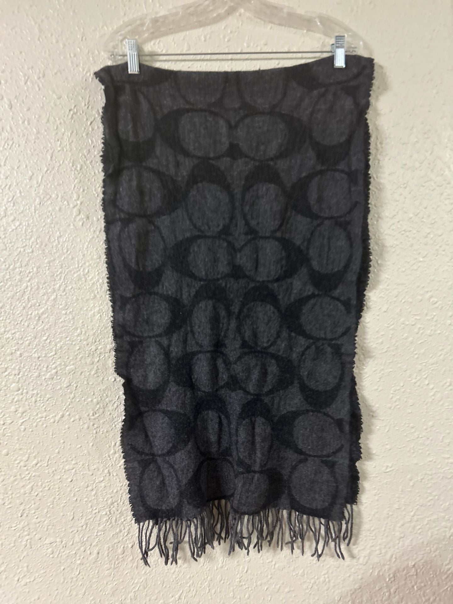 Coach Signature Logo Muffler Scarf Black Gray Wool Fringe 4