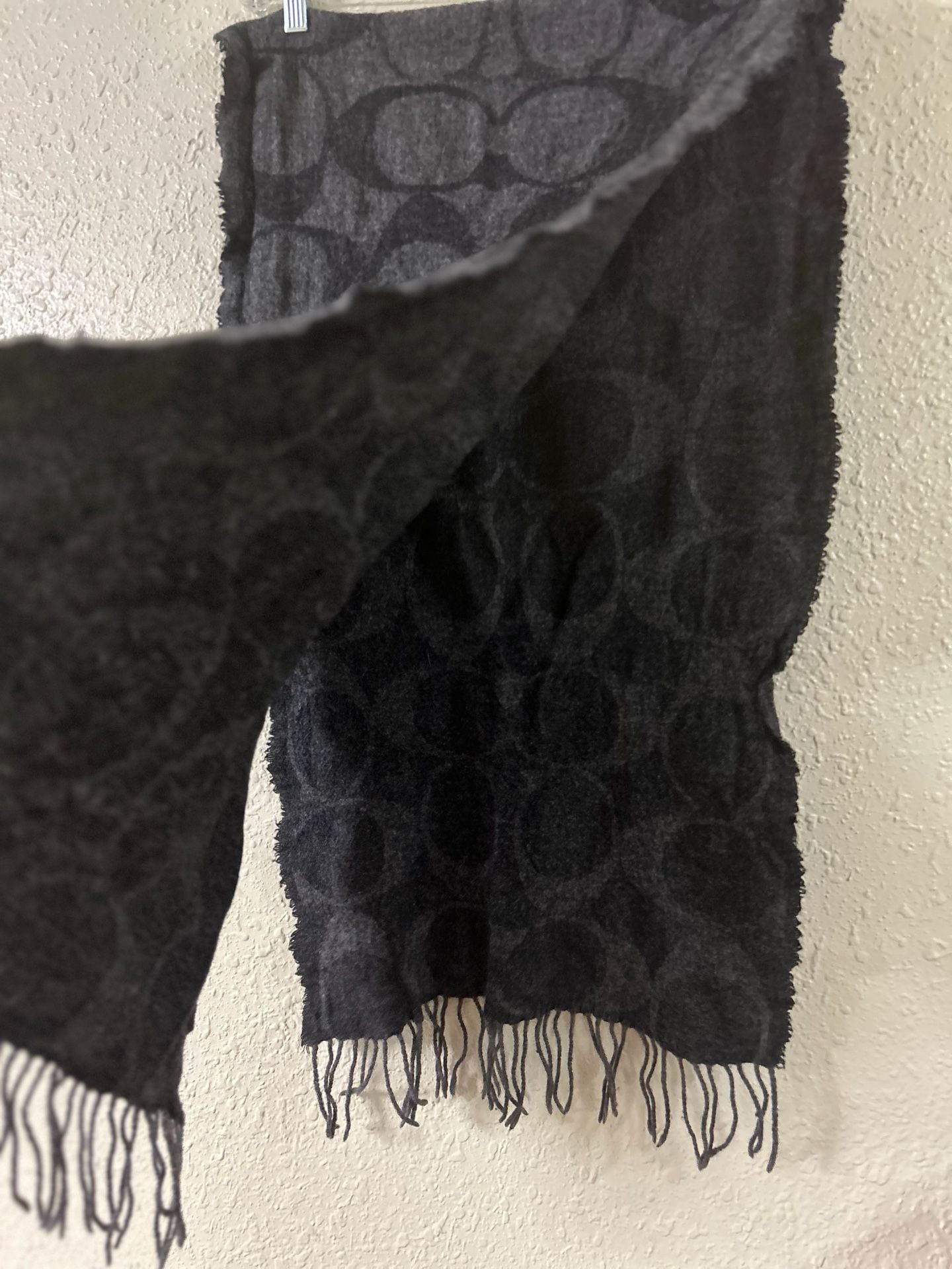 Coach Signature Logo Muffler Scarf Black Gray Wool Fringe 5