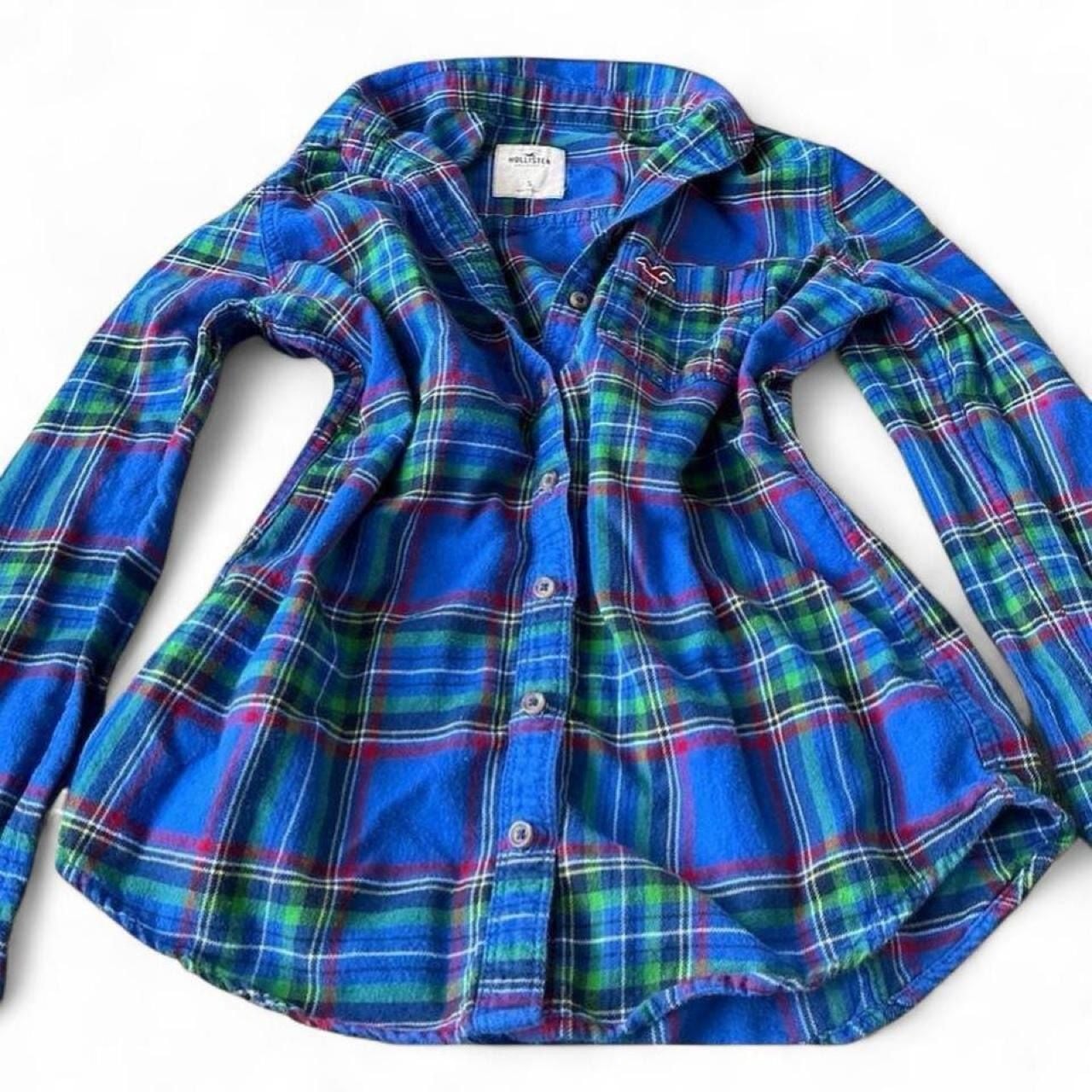 Y2K Hollister Blue Plaid Flannel Long Sleeve Button Up Shirt Size S 3