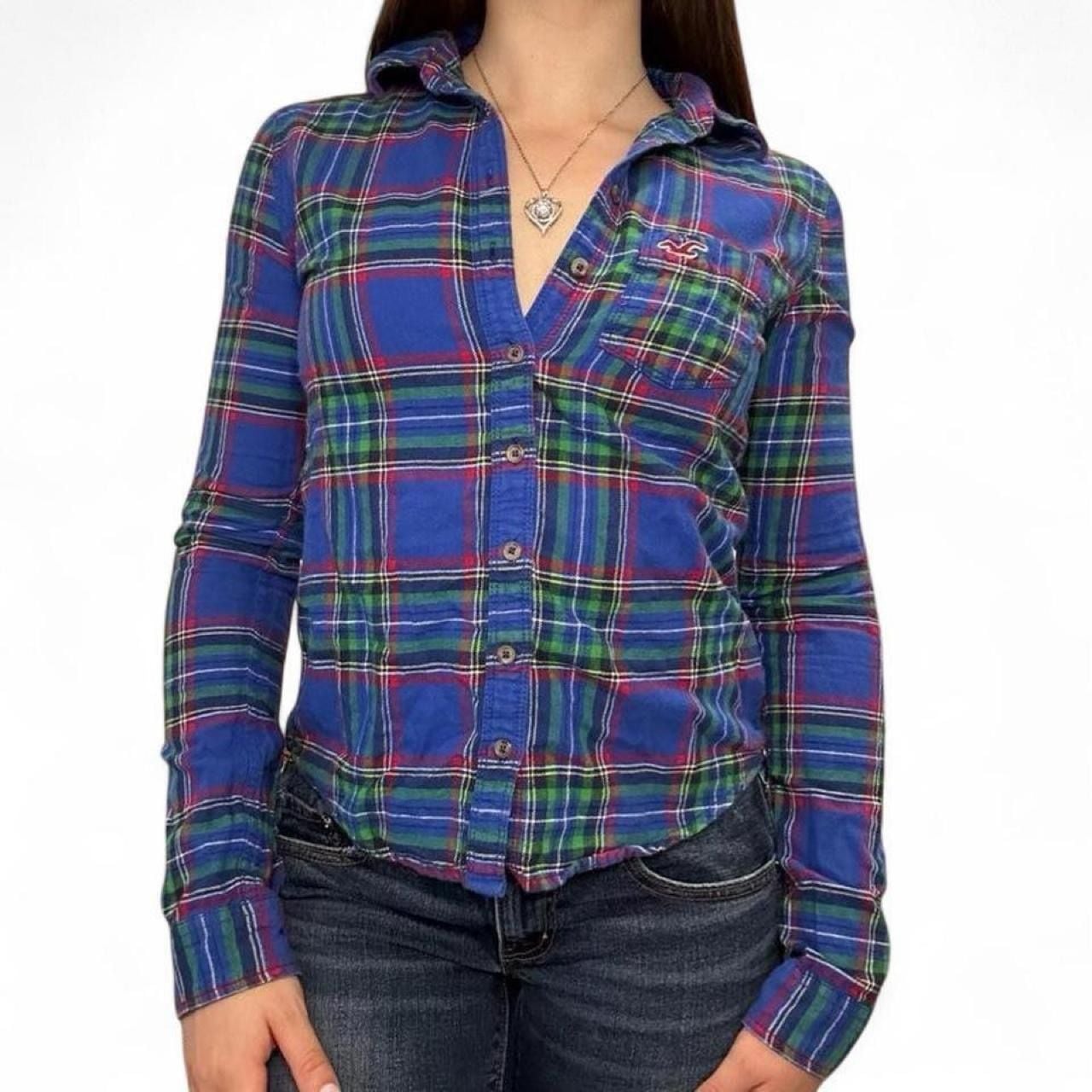 Y2K Hollister Blue Plaid Flannel Long Sleeve Button Up Shirt Size S 5