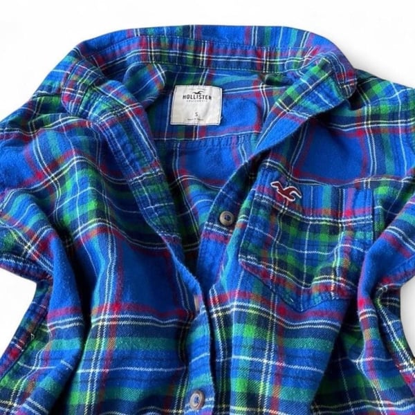 Y2K Hollister Blue Plaid Flannel Long Sleeve Button Up Shirt Size S