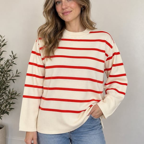ZARA Cream Red/Orange Striped Sweater Oversized Crewneck Coastal Preppy S-M.