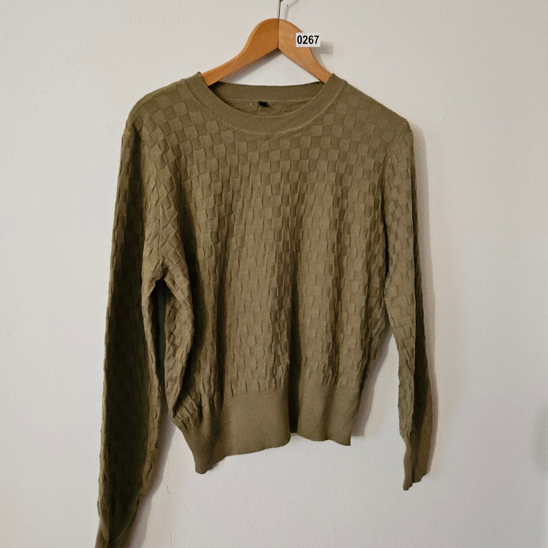 Checkered Knit Sweater Size L Olive 267 2
