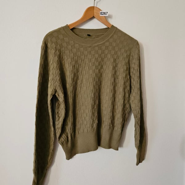 Checkered Knit Sweater Size L Olive 267