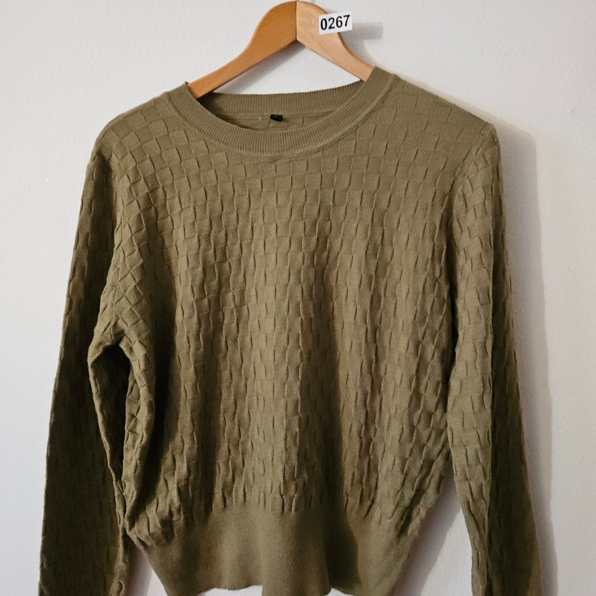 Checkered Knit Sweater Size L Olive 267 4