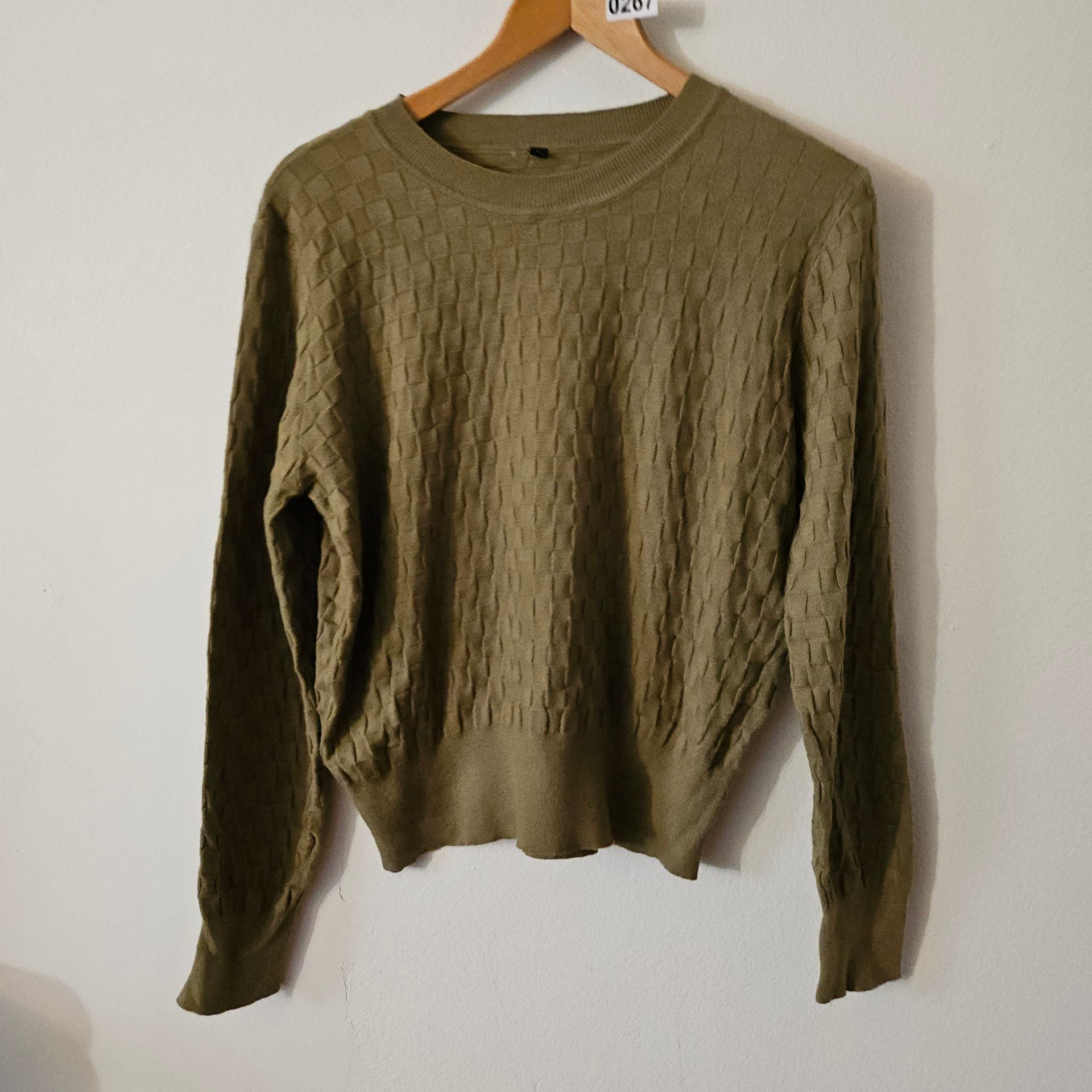 Checkered Knit Sweater Size L Olive 267 5