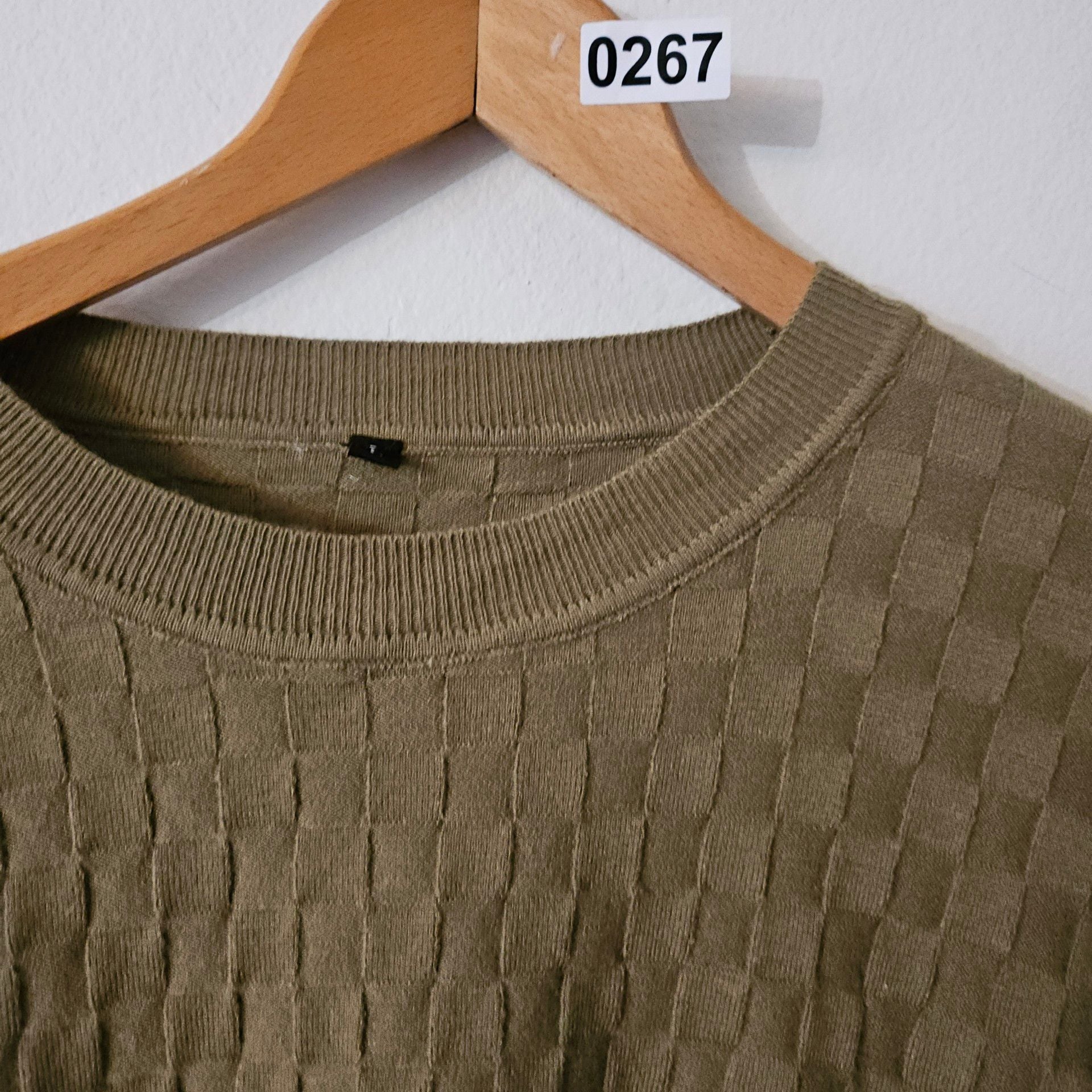 Checkered Knit Sweater Size L Olive 267 7