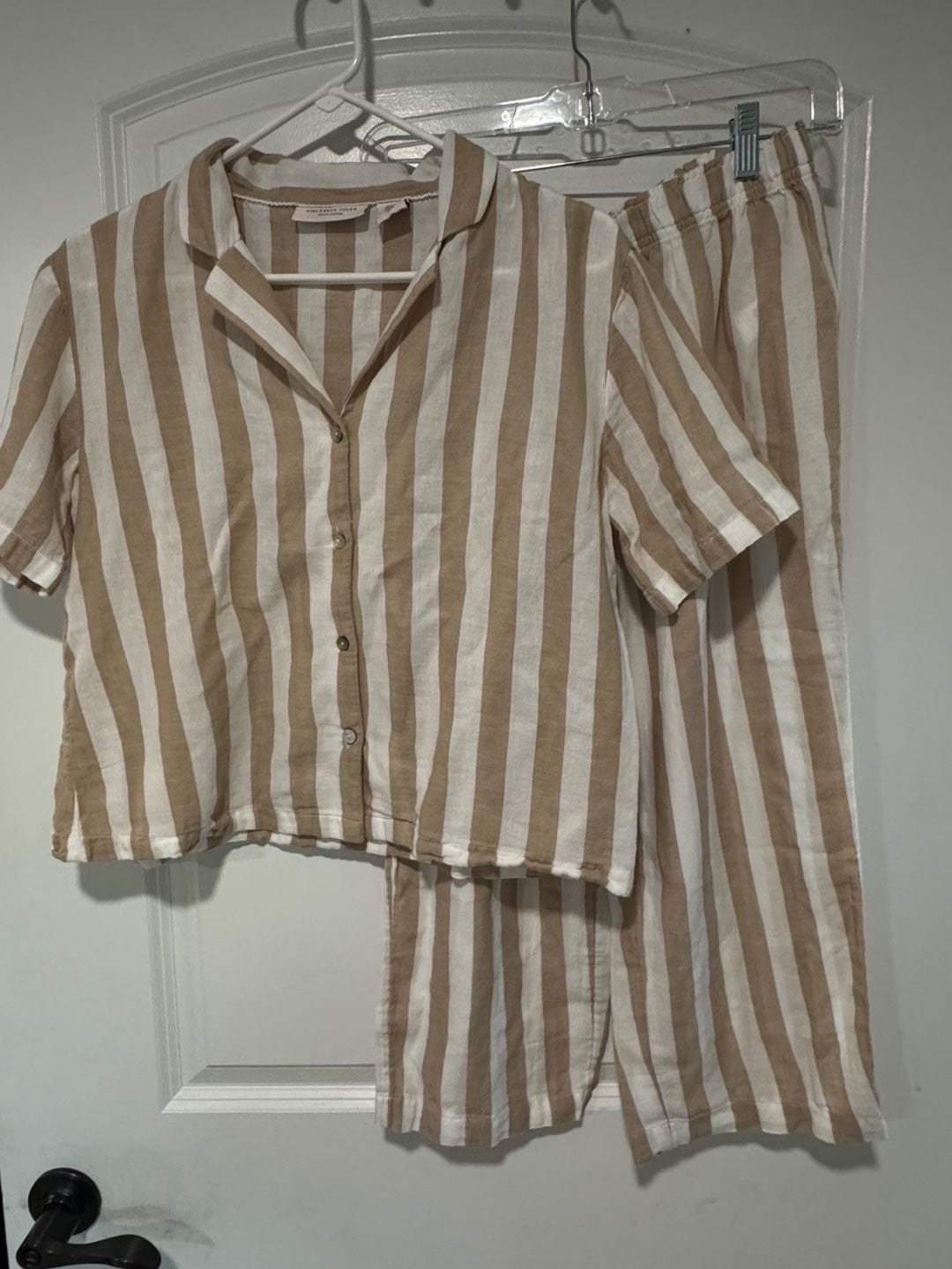 Striped Pajama Set Button Front Lounge Pants Beige White Size S 1