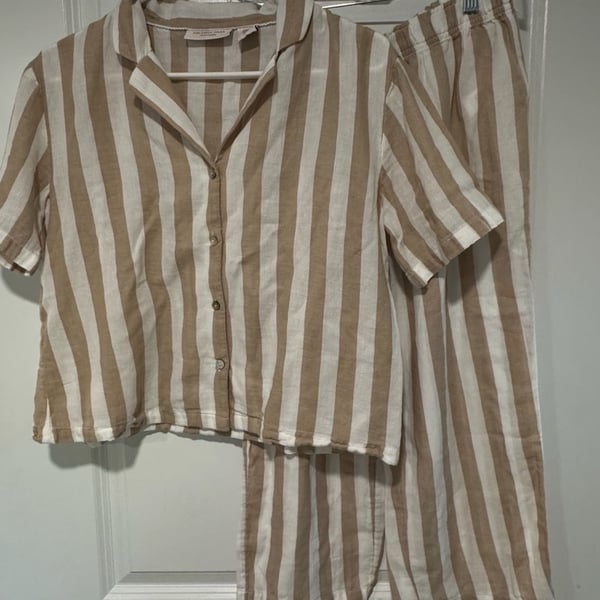 Striped Pajama Set Button Front Lounge Pants Beige White Size S