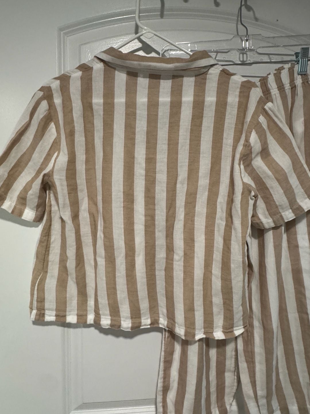 Striped Pajama Set Button Front Lounge Pants Beige White Size S 2