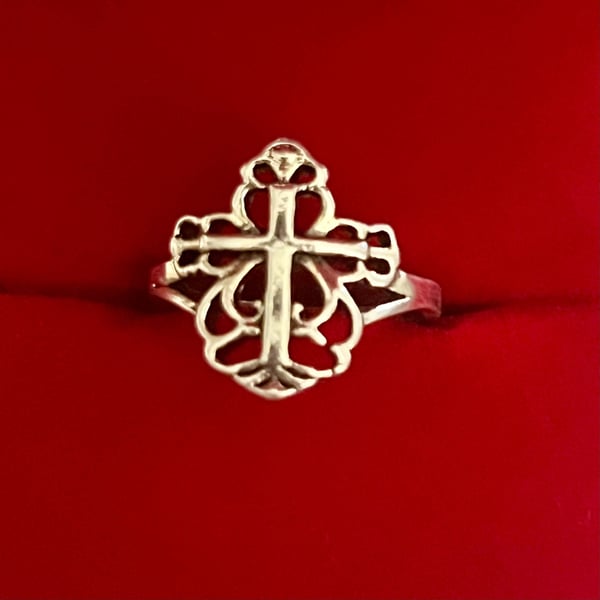 Vintage Filigree Cross Titanium Steel Silver Ring Size 6
