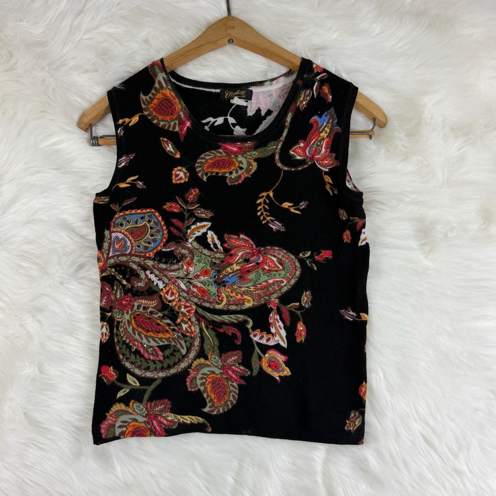 Vintage Elizabeth New York Sweater Tank Top Black Paisley Beaded 2