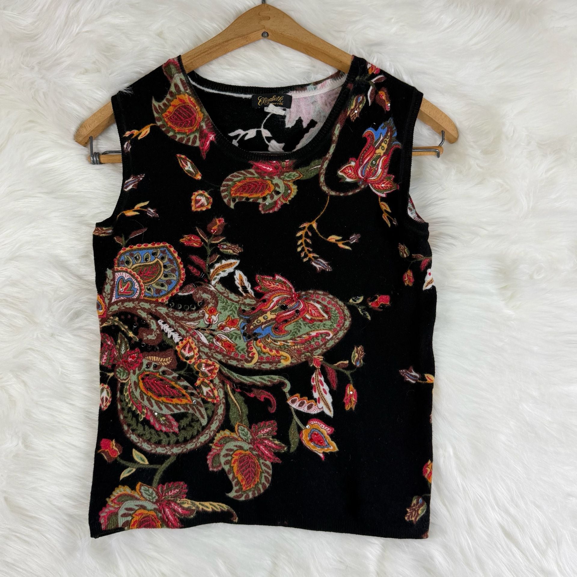 Vintage Elizabeth New York Sweater Tank Top Black Paisley Beaded 3