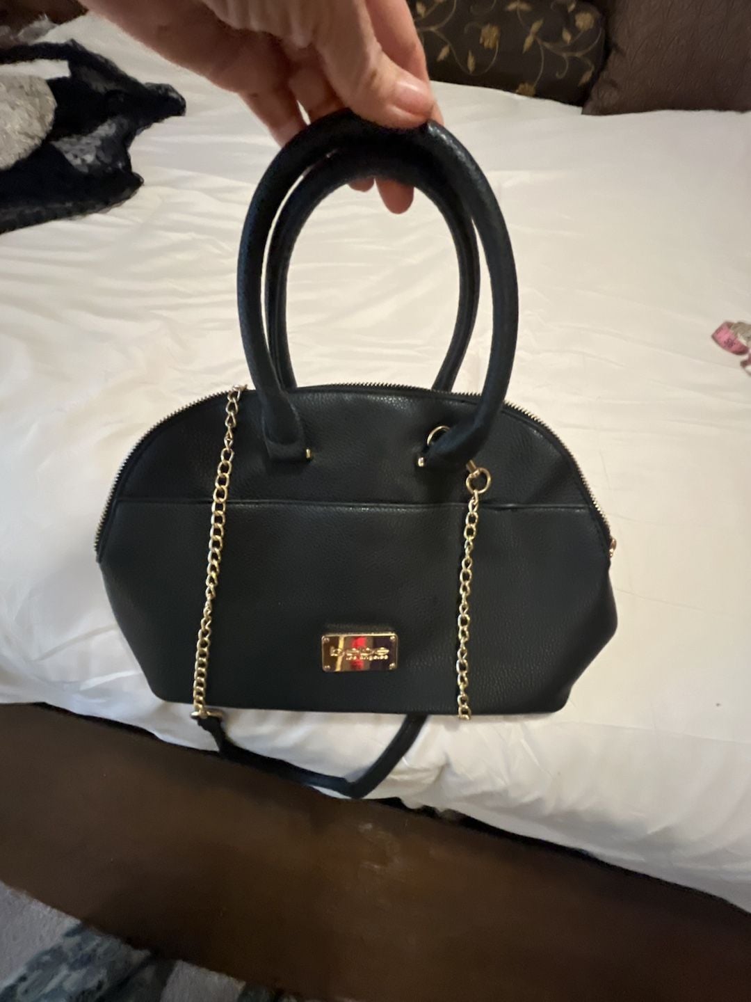 Bebe Black Satchel Handbag With Gold Chain Strap 8