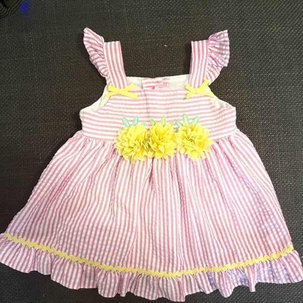 Goodlad Seersucker Dress Size 18M Pink Striped Yellow Flower Ruffle