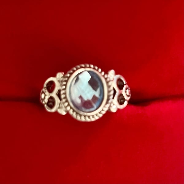 Vintage Silver Blue Gemstone Filigree Titanium Steel Ring Size 6