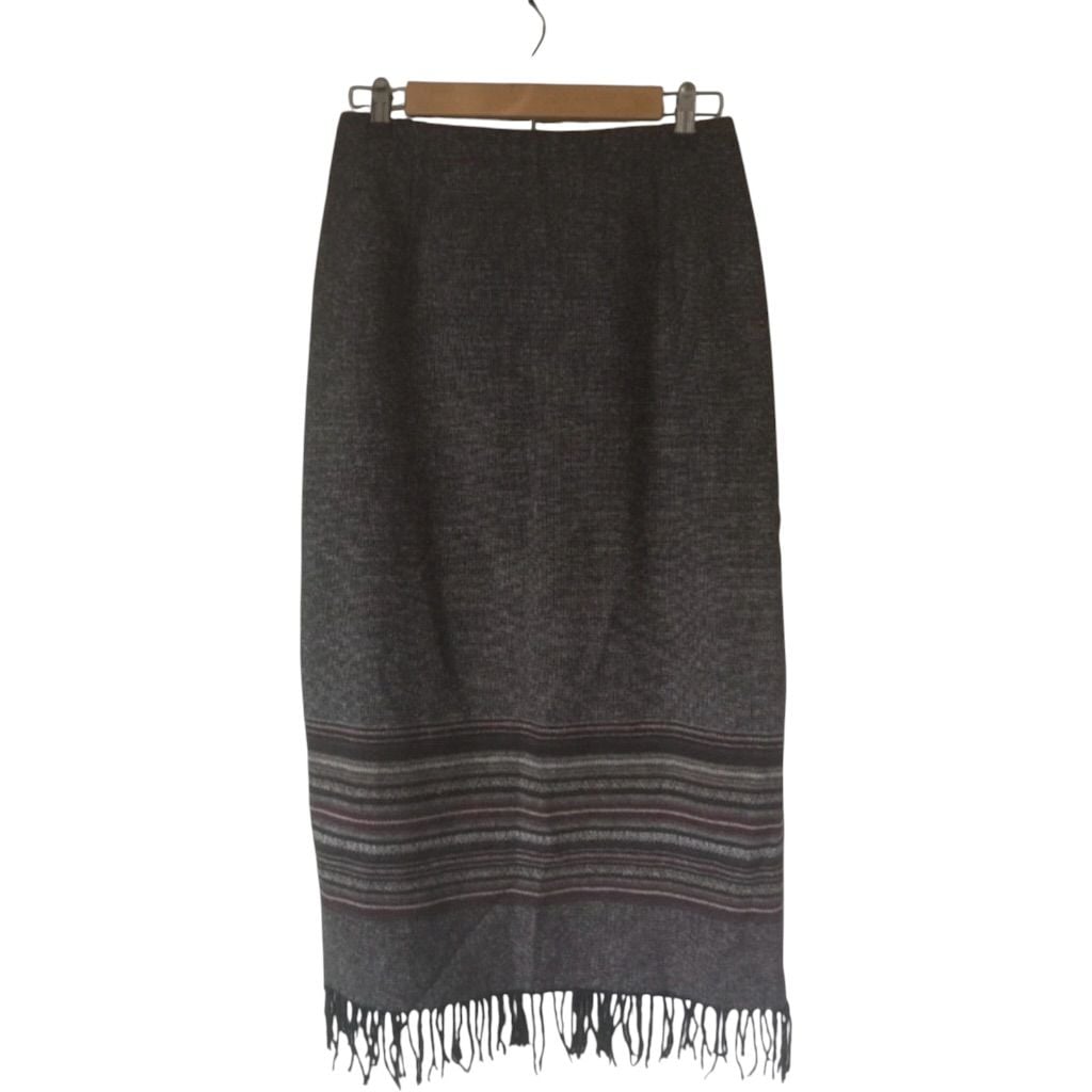 Vtg 90s CC Hughes Wool Blend Midi Skirt Sz 8 Boho Striped Fringe 2