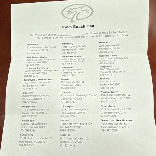 Palm Beach Tan Free Signature Sunbed Month Certificate