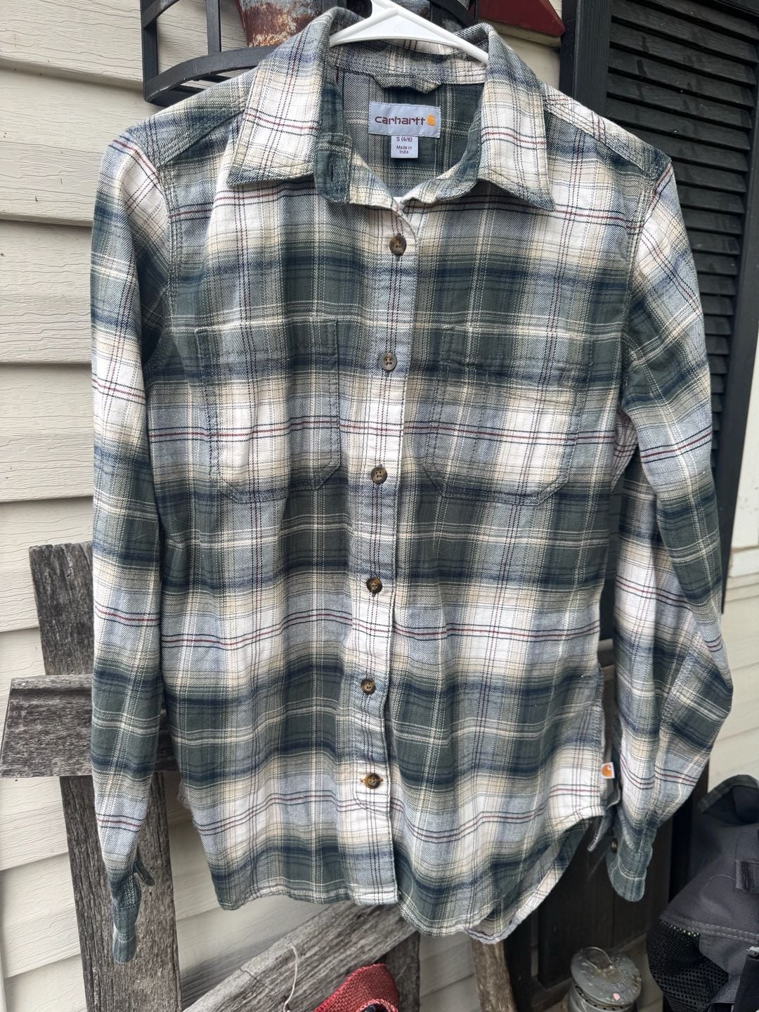 Carhartt Plaid Flannel Button Up Shirt Size S 4/6 Green White 2