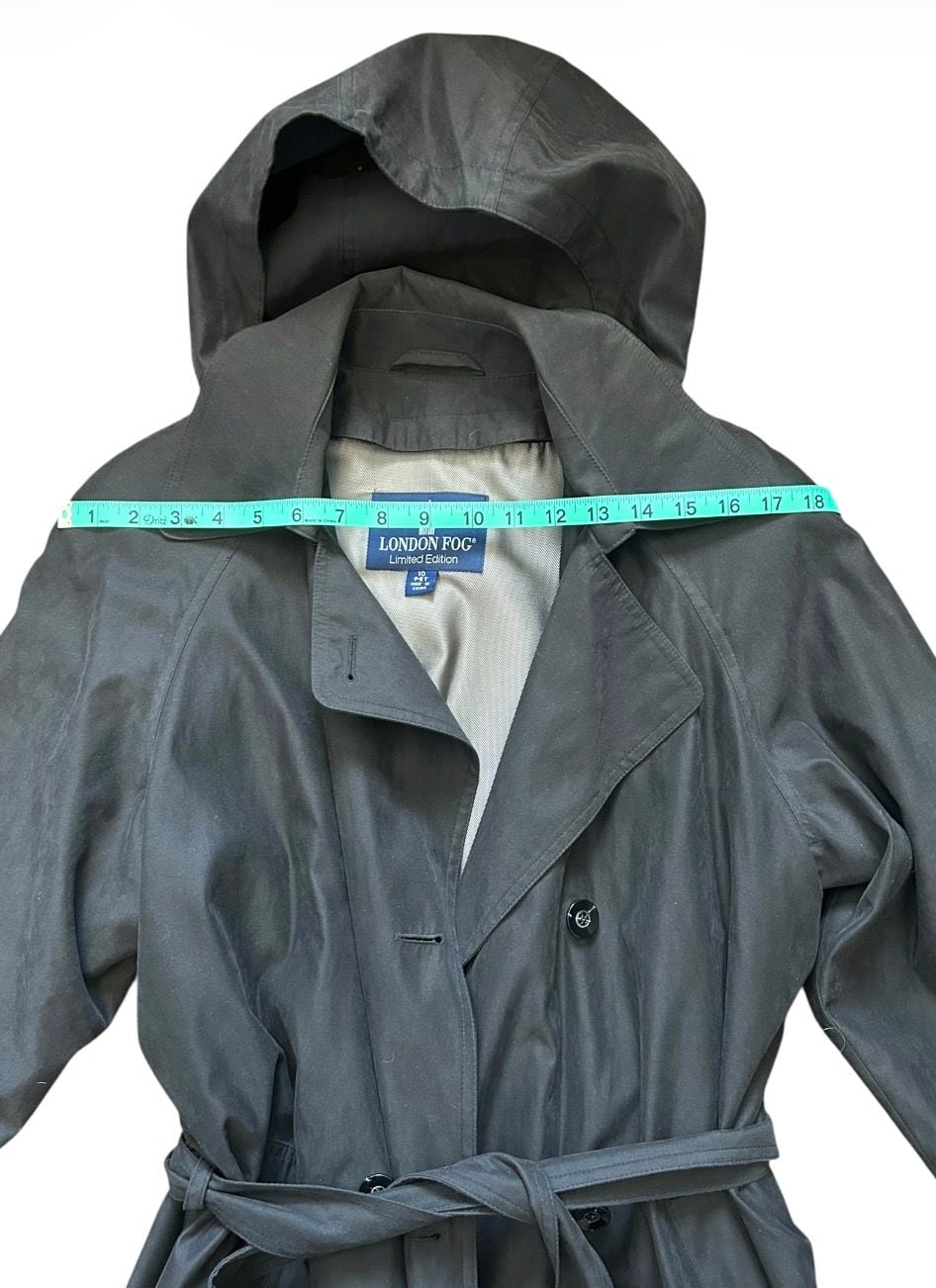 London Fog Limited Edition Trench Coat Size 10 Black Hooded Belted 6