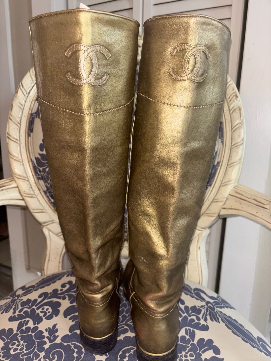 Chanel Metallic Gold Leather CC Tall Boots 2