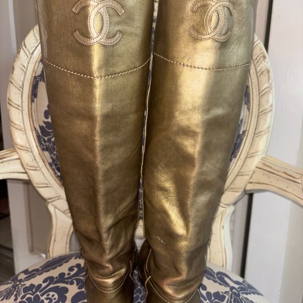 Chanel Metallic Gold Leather CC Tall Boots