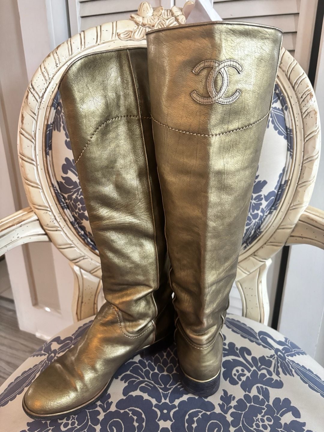 Chanel Metallic Gold Leather CC Tall Boots 3