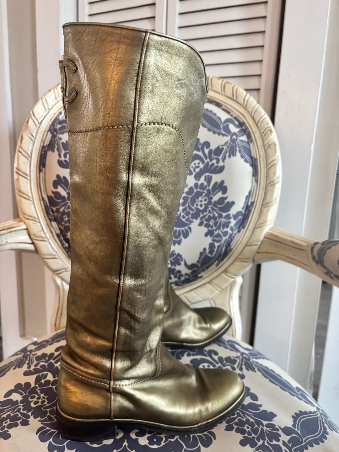 Chanel Metallic Gold Leather CC Tall Boots 6